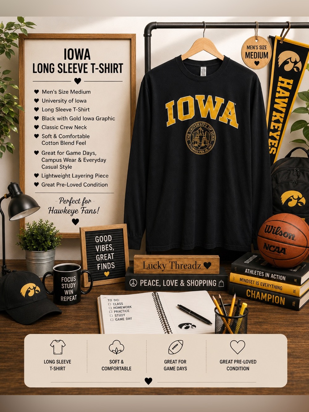Iowa Black Long Sleeve T-Shirt with Gold Graphic